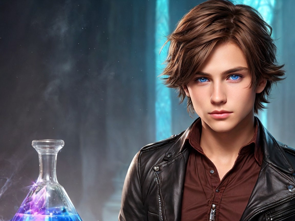 Young male with blue eyes in a magical laboratory setting
