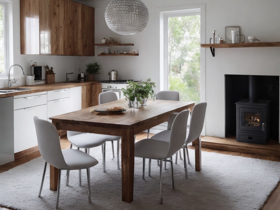 Spacious Dining Area with Wooden Table and Modern Accents