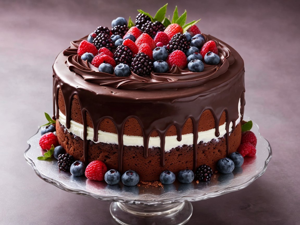 Decadent chocolate cake with fresh berry toppings
