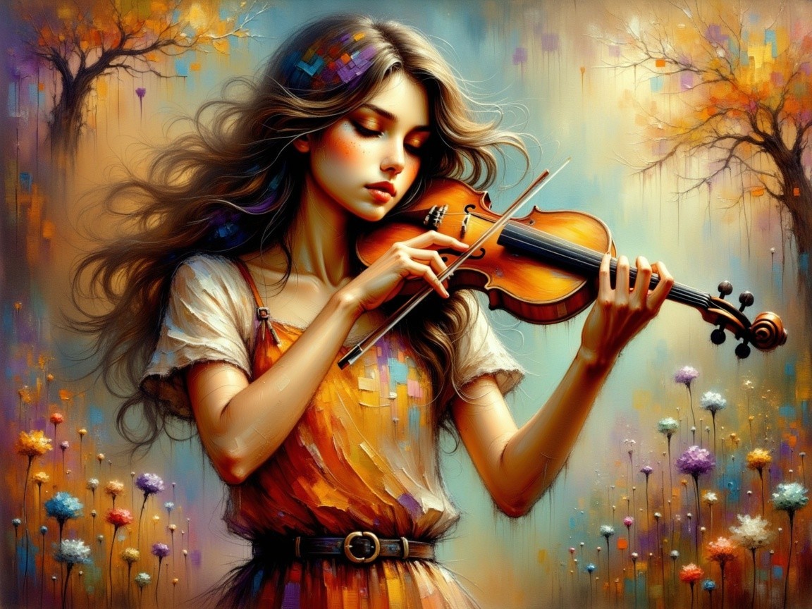 Digital painting of a woman playing violin in nature
