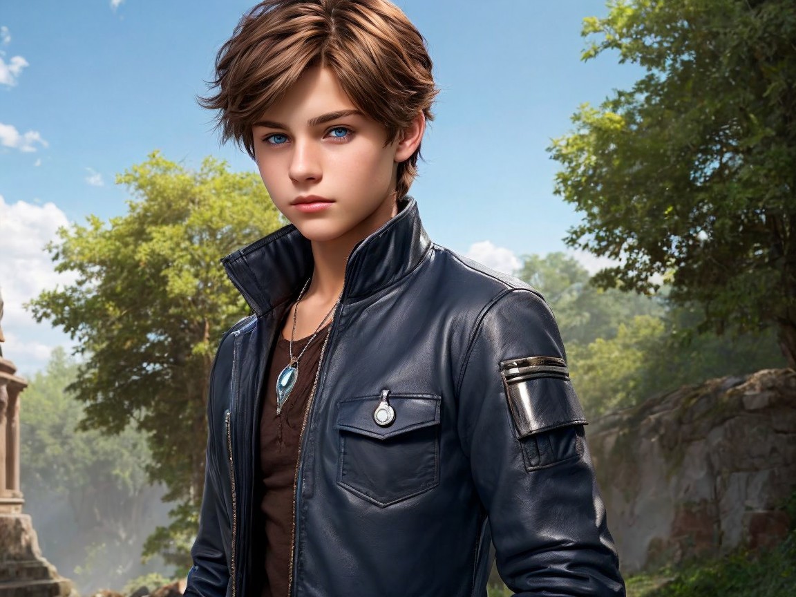 Young Boy in Black Leather Jacket Amidst Nature and Ruins