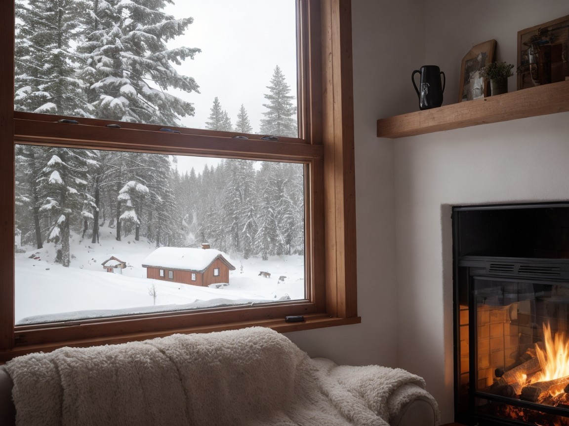 Cozy Living Space with Window View of Snowy Forest