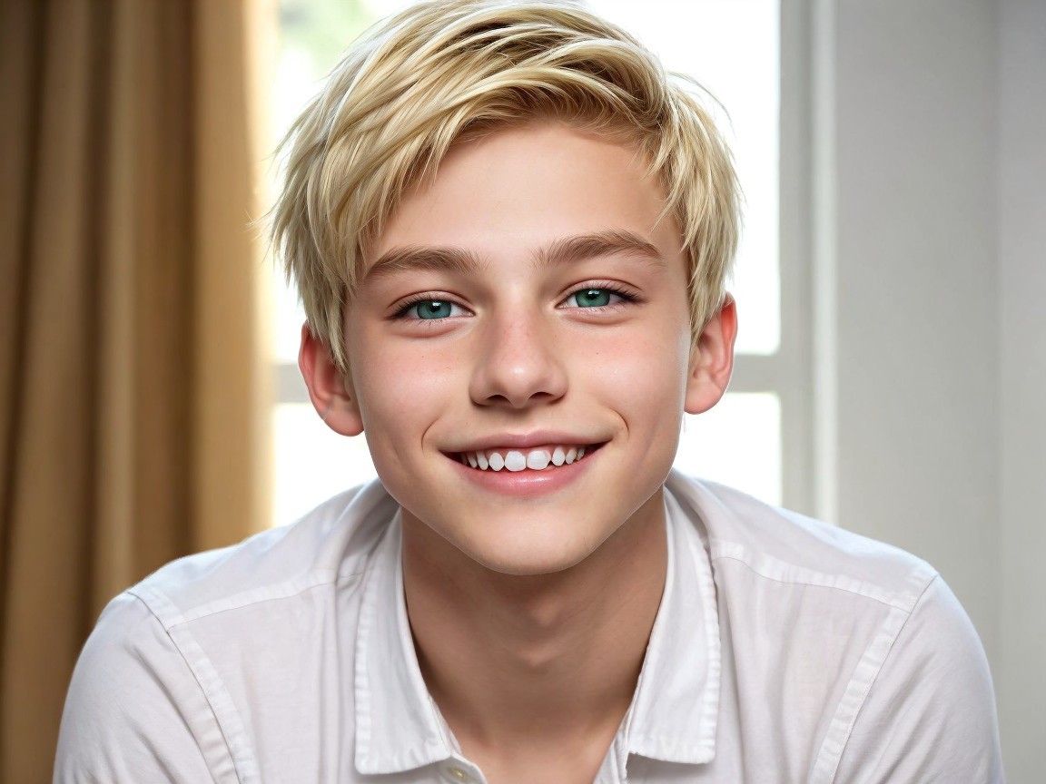 Young boy with blonde hair and blue eyes smiling