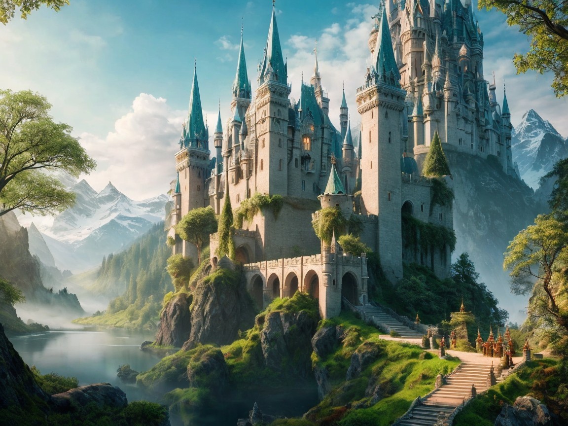 Majestic castle on rocky cliff with lush surroundings