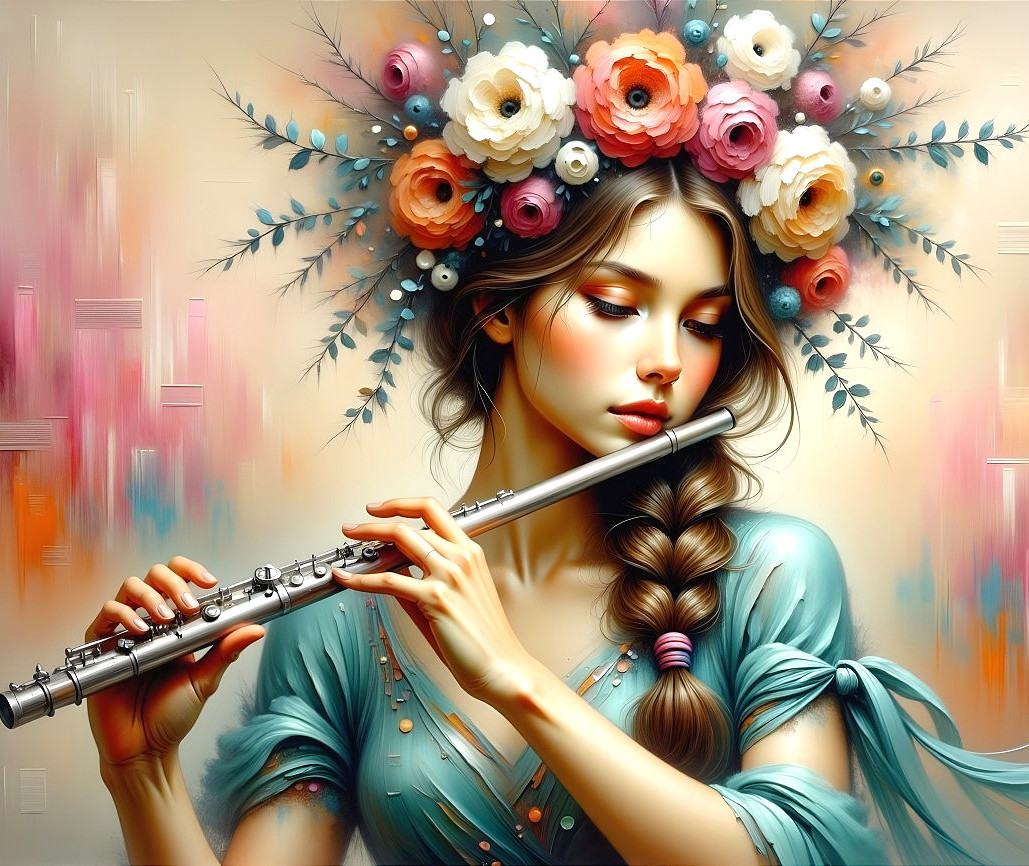 Young Woman in Teal Dress Playing Silver Flute