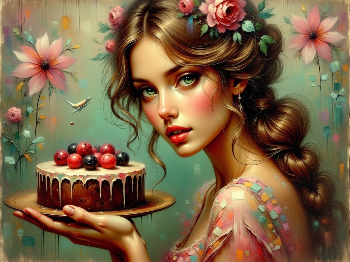 Young Woman with Cake Surrounded by Colorful Flowers