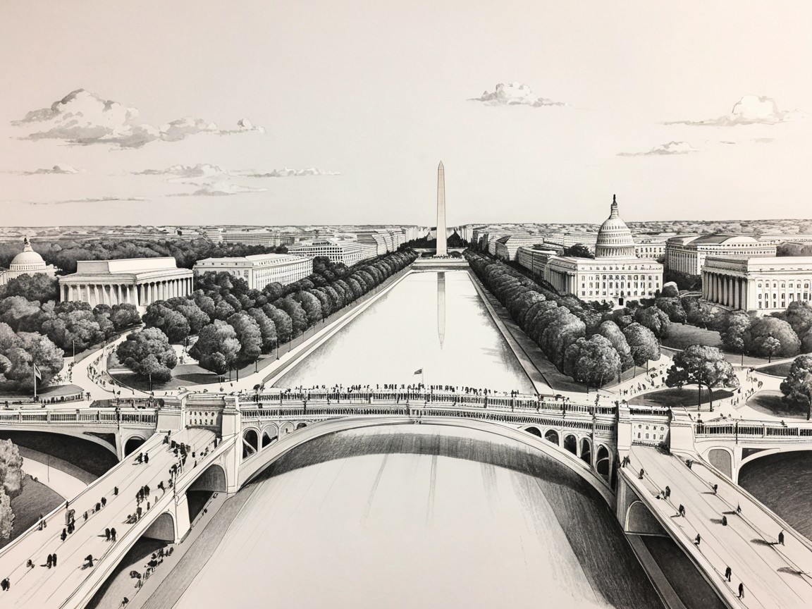 Monochromatic Aerial View of a Cityscape with Waterway