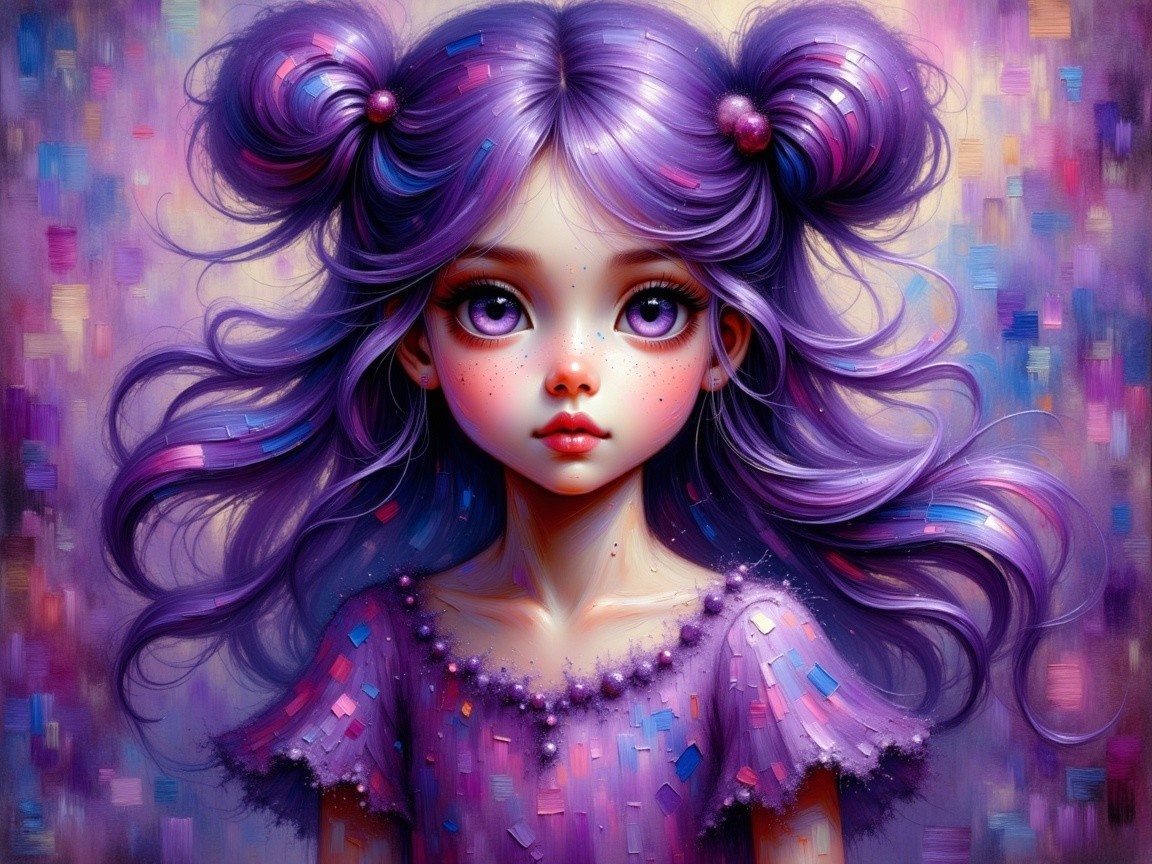 Young girl with purple hair and pastel background