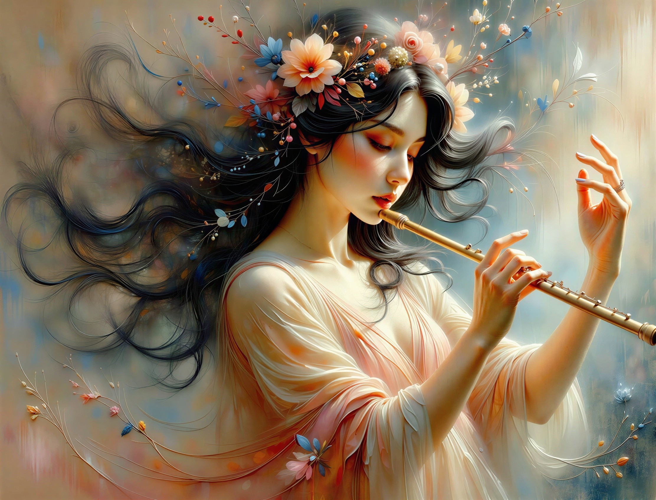 Woman in Pink Dress Playing Flute with Floral Hair