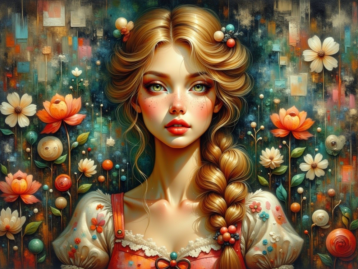 Young Woman with Braided Hairstyle and Flowers