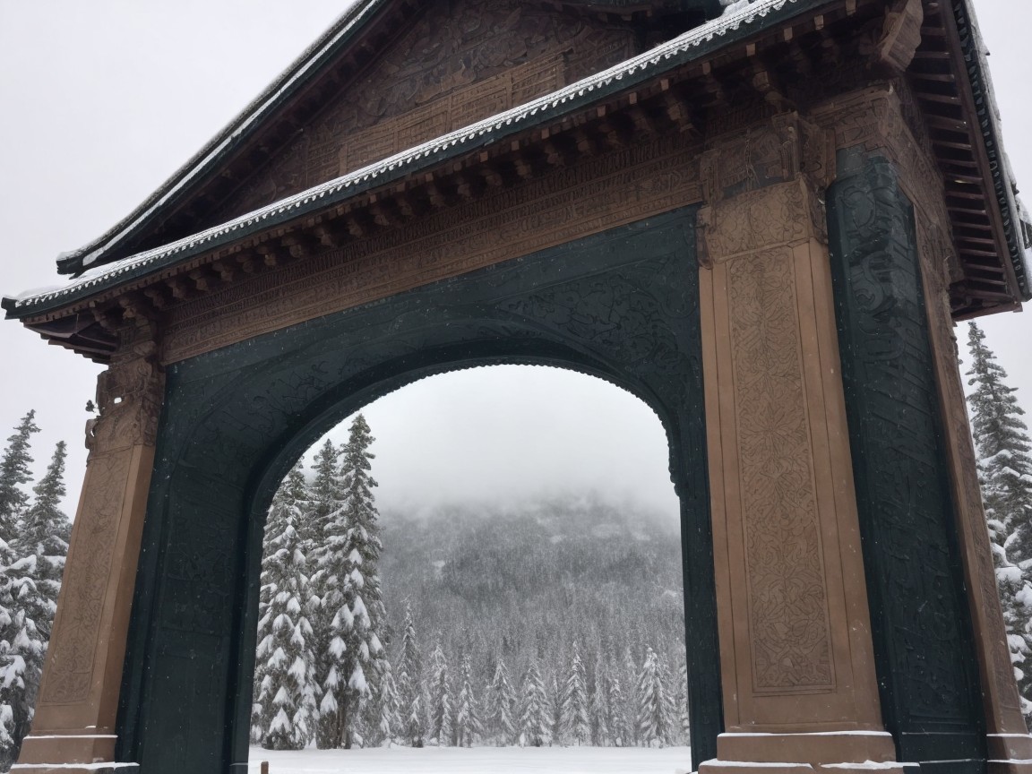 Snowy Archway Surrounded by Evergreen Trees and Mountains