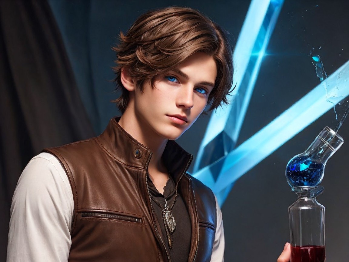 Young man with flask in a modern magical setting