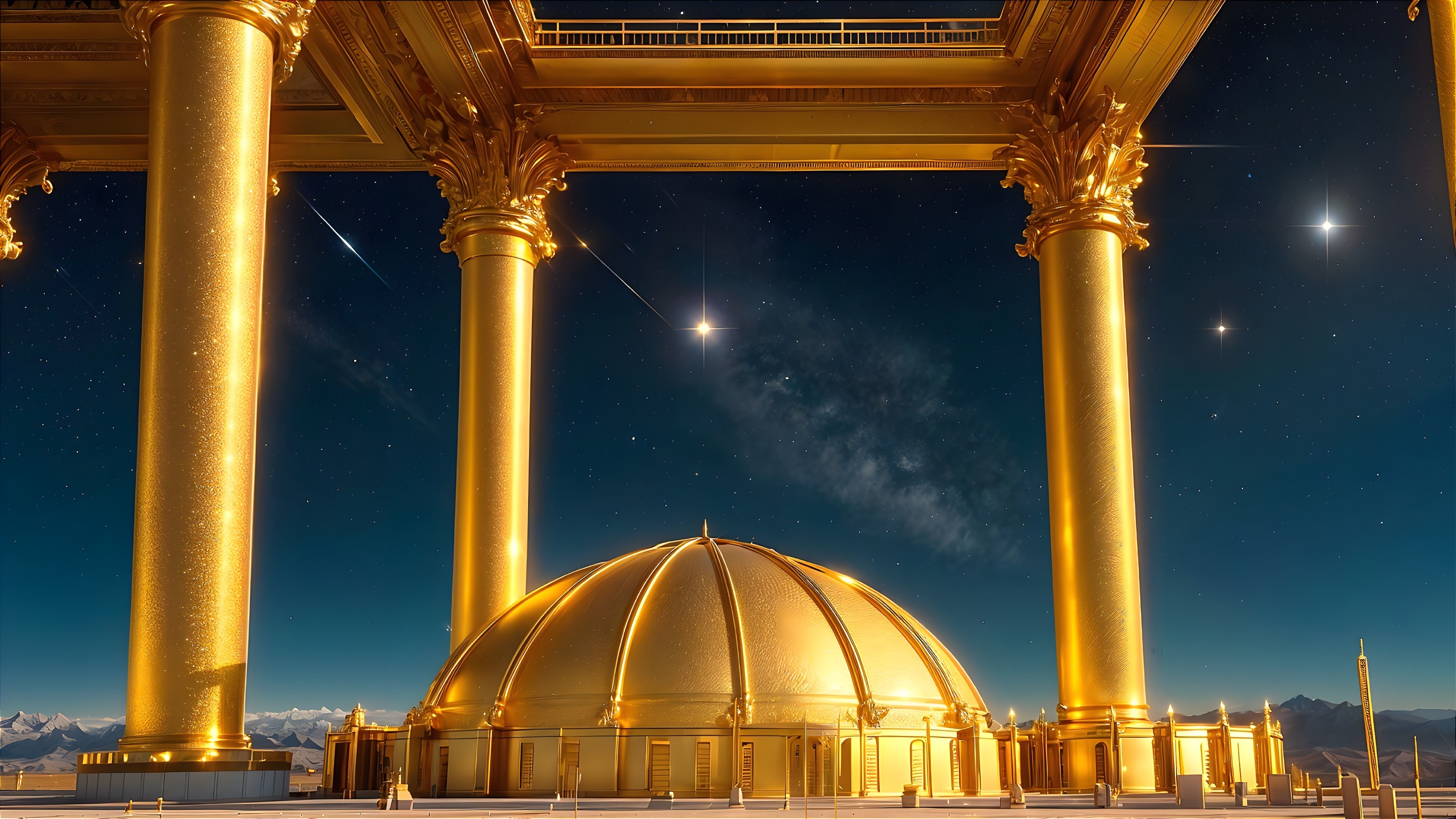 Golden dome structure with tall columns at night