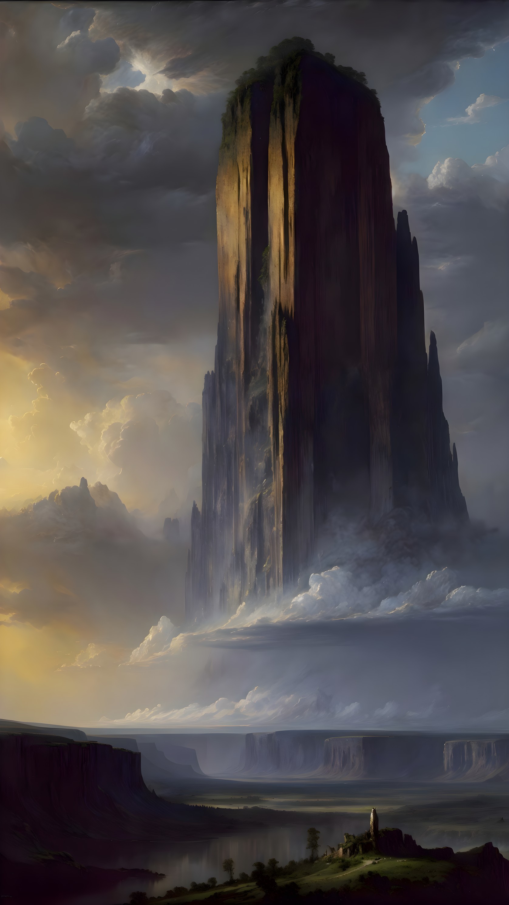 Dramatic Rock Formation Surrounded by Serene Landscape