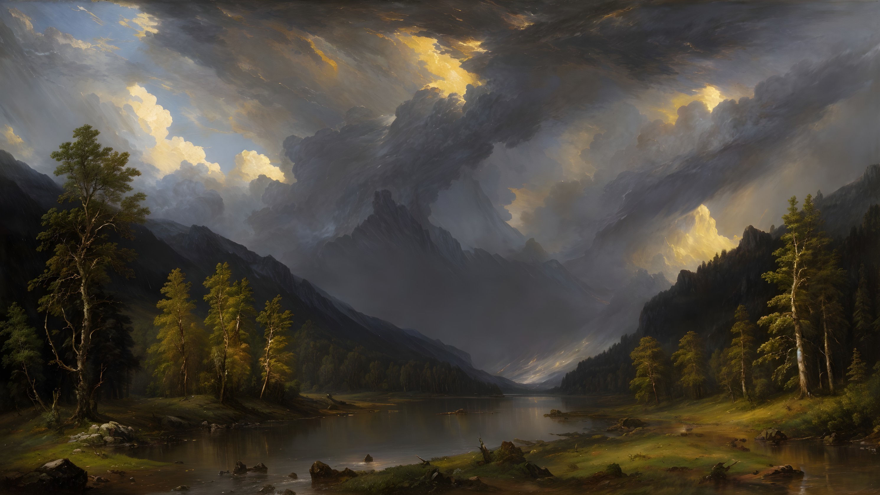 Dramatic Landscape with River and Towering Mountains