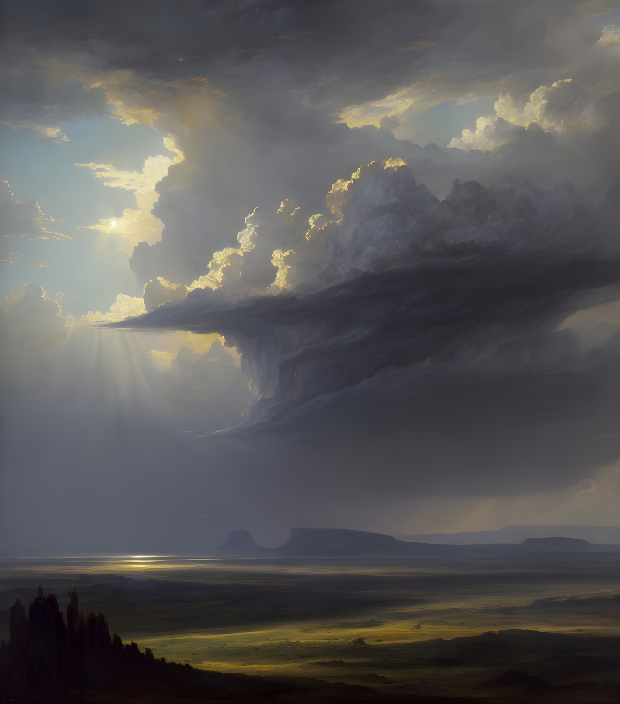 Dramatic Landscape with Towering Clouds and Hills