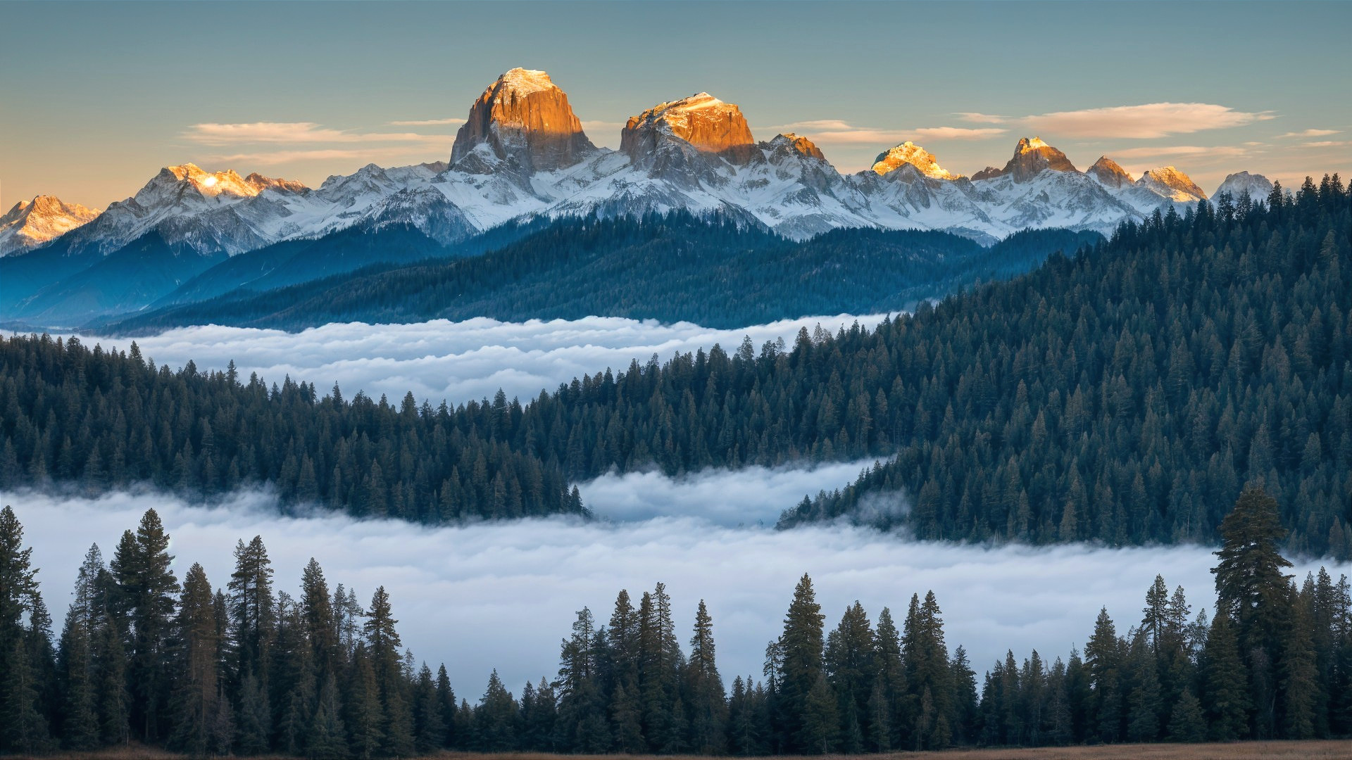 Snow-Capped Peaks and Forests Above Clouds at Sunrise