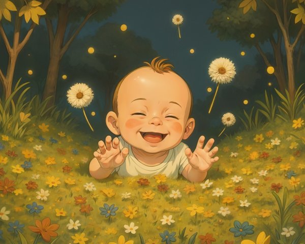 Joyful Baby in a Colorful Flower Meadow