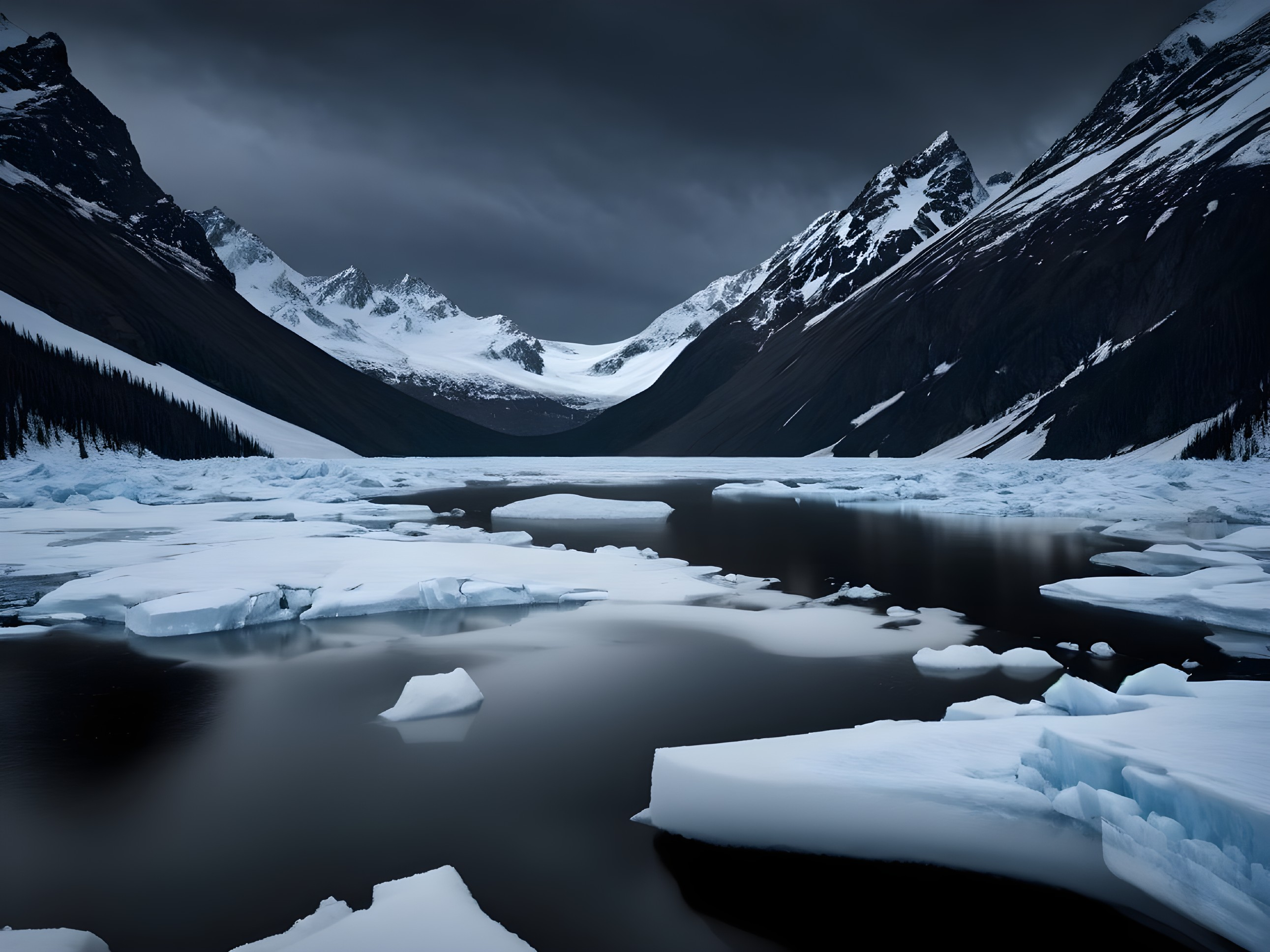 Glacial Lake Surrounded by Towering Mountains and Icebergs