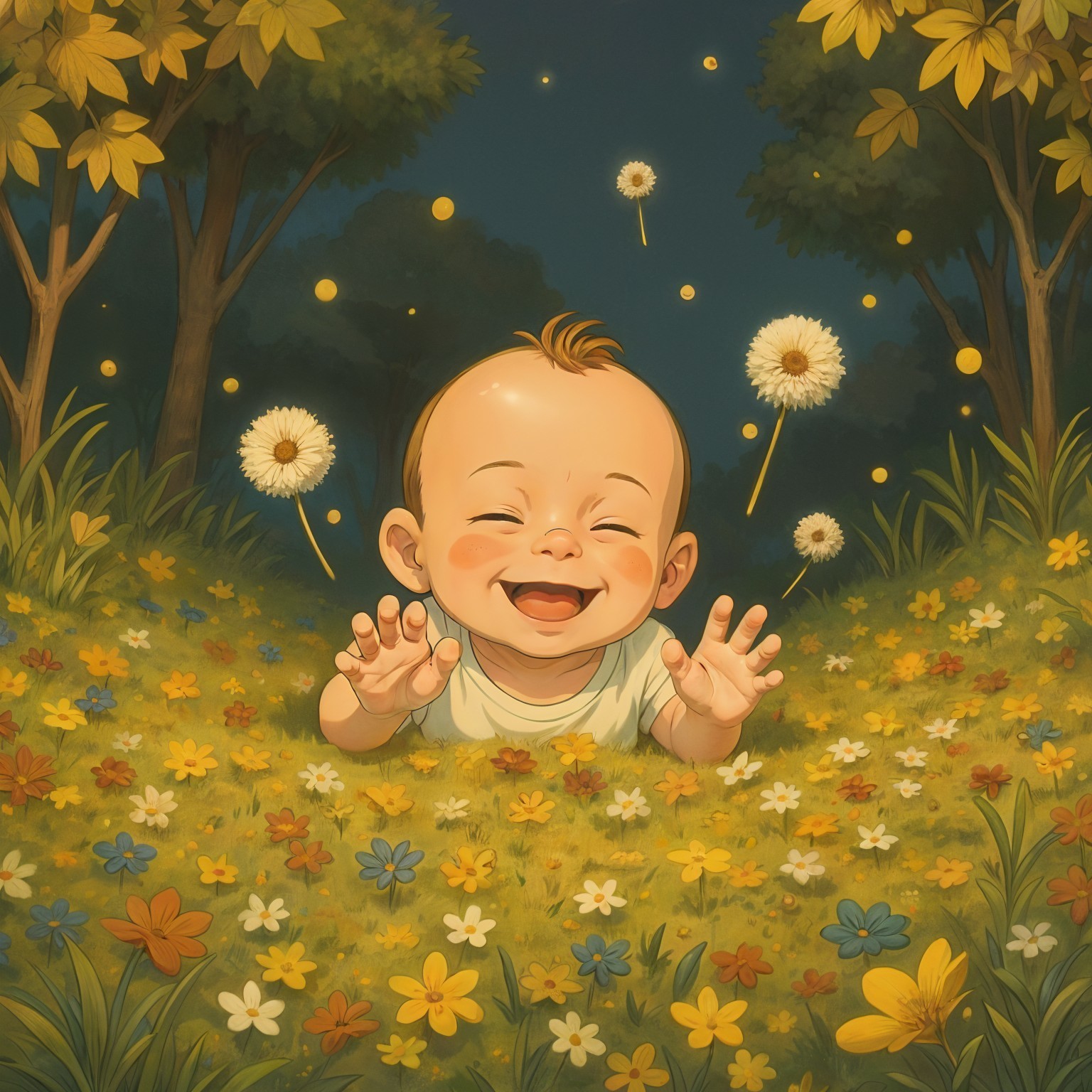 Joyful Baby in a Colorful Flower Meadow