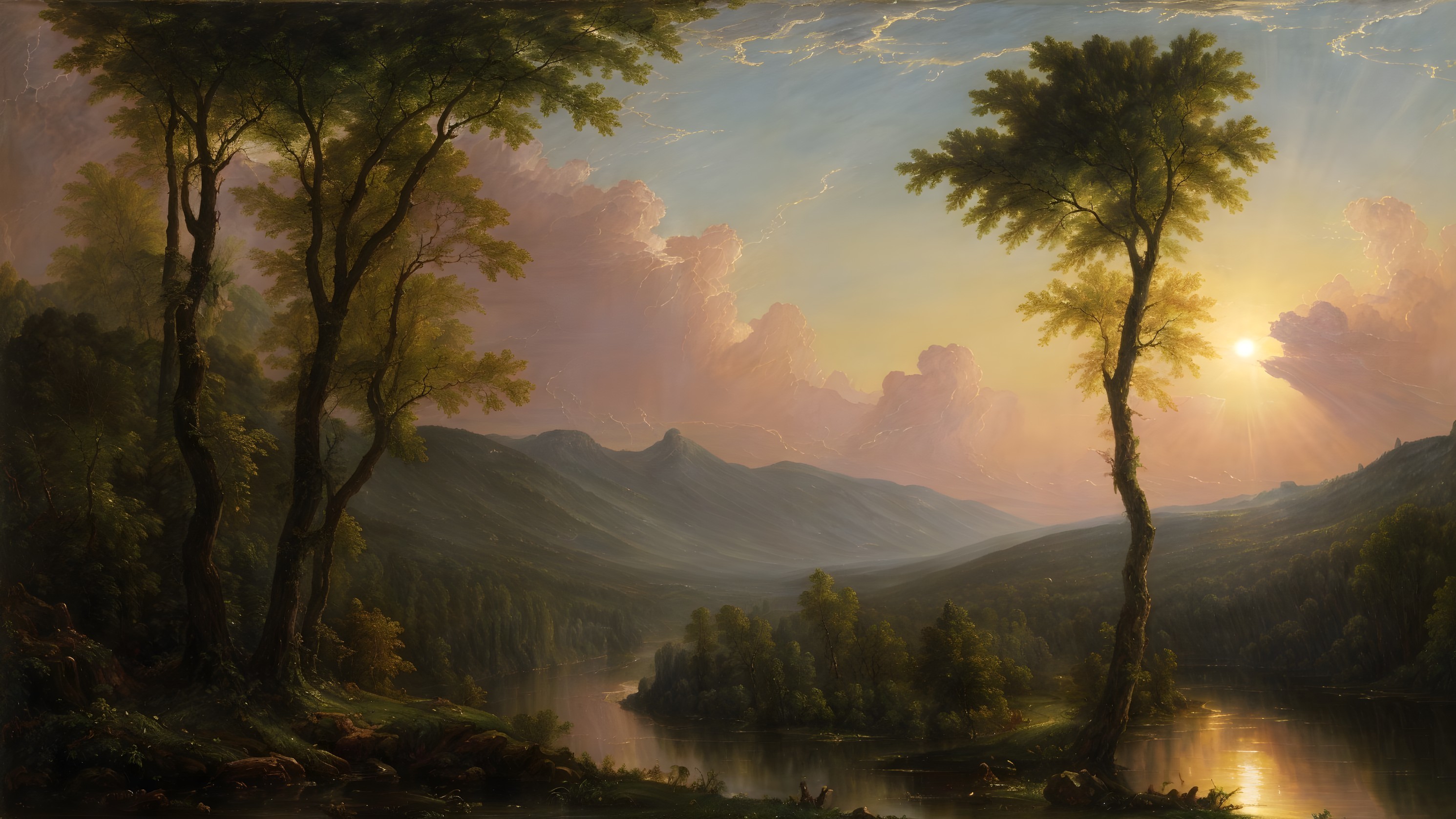 Serene Landscape with River and Sunset Reflections