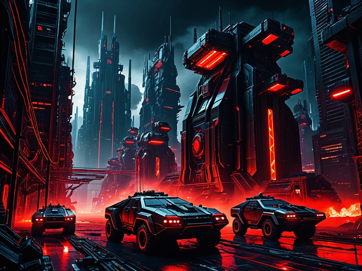 Futuristic cityscape with glowing red and orange hues