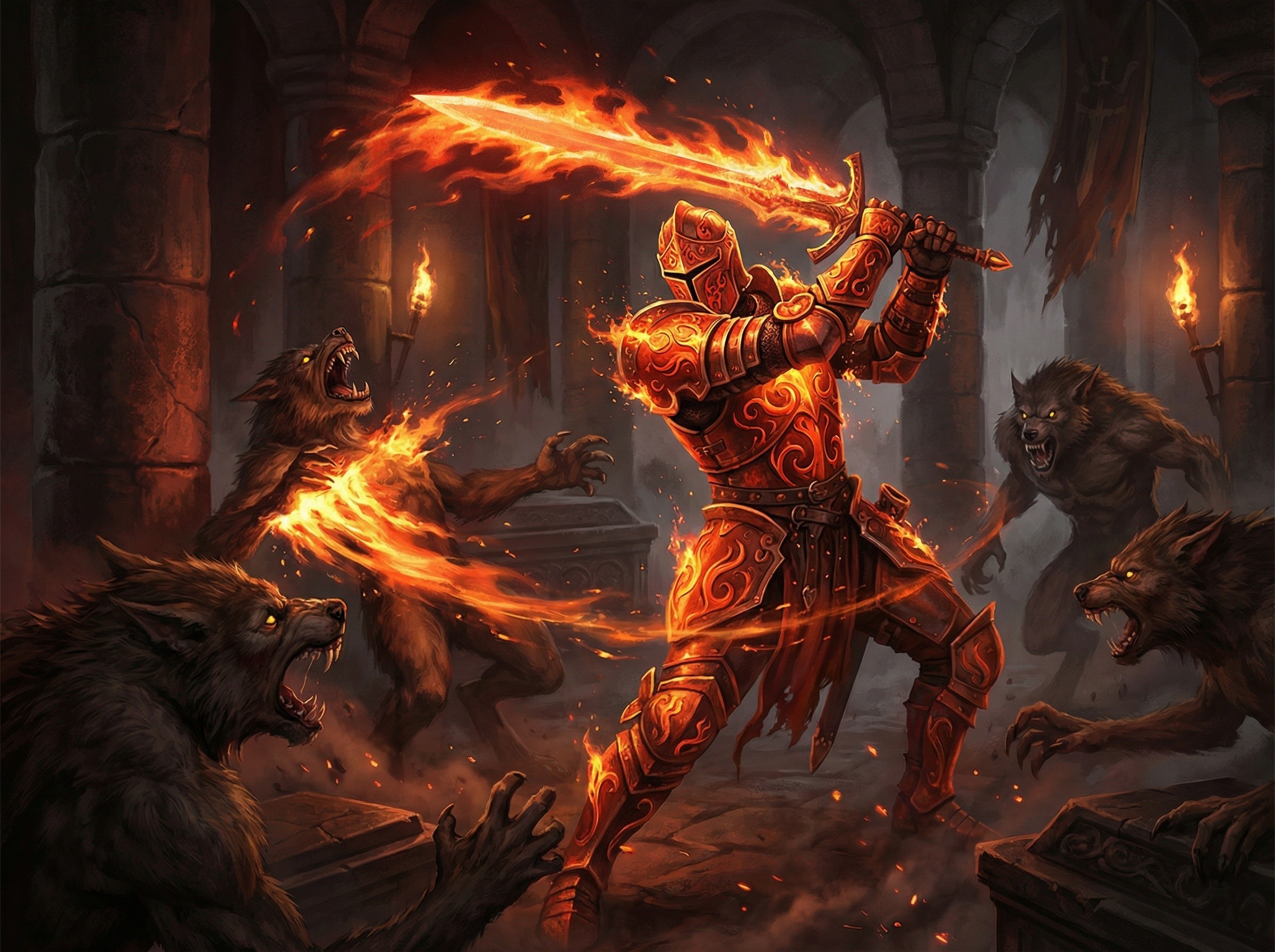 Fiery Knight in Armor Confronts Snarling Werewolves