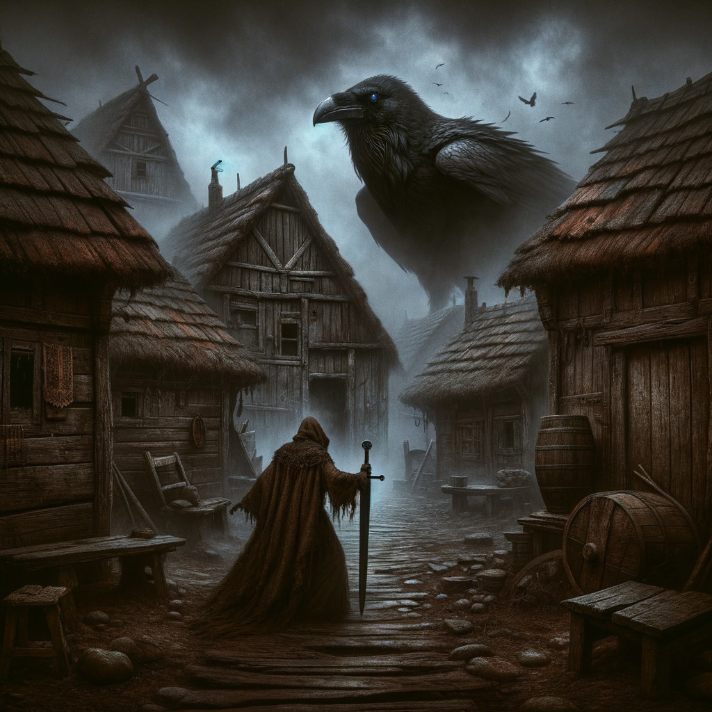 Cloaked Figure and Raven in Medieval Village Scene