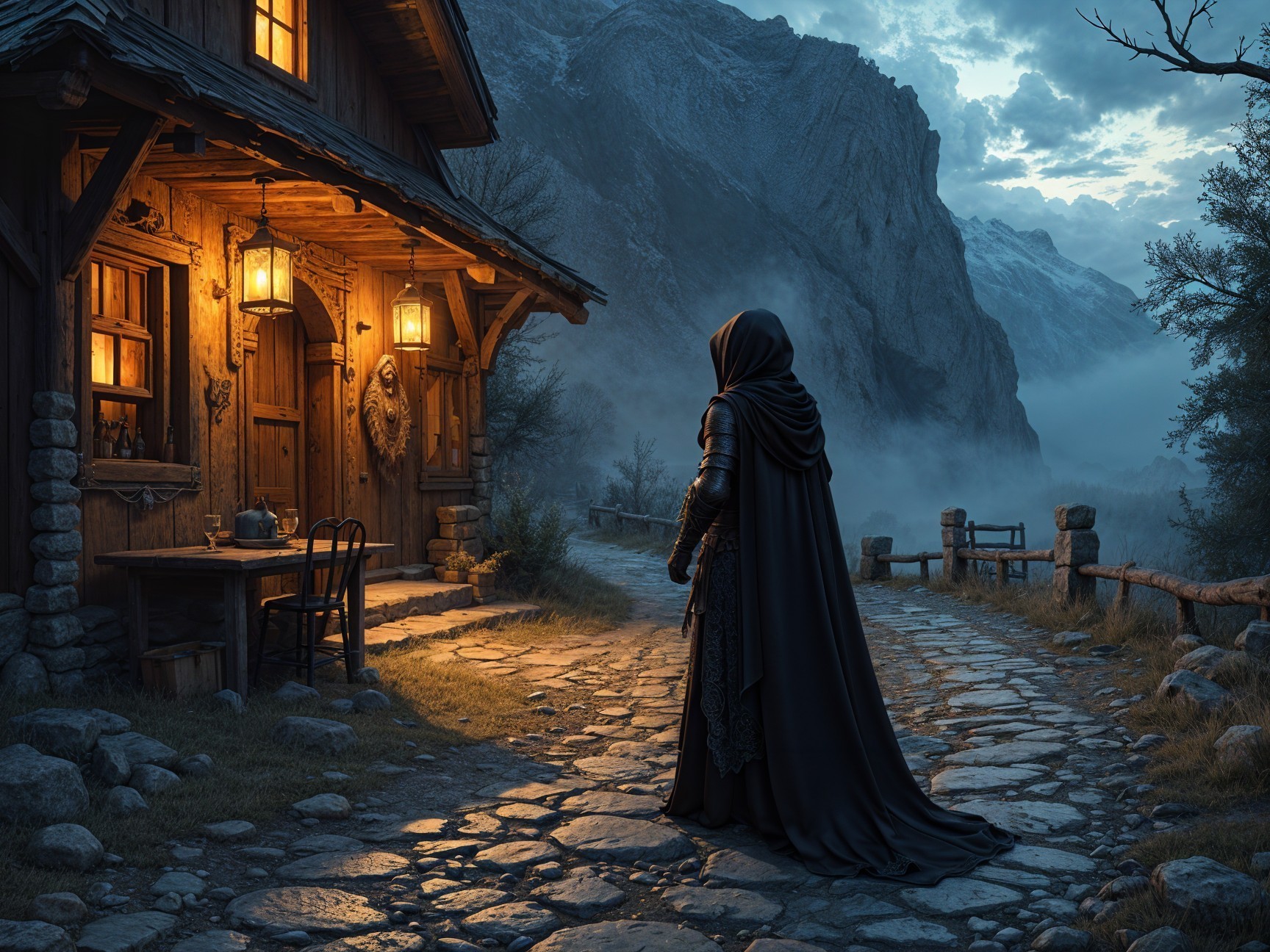Cloaked Figure by Rustic Cabin in Misty Landscape