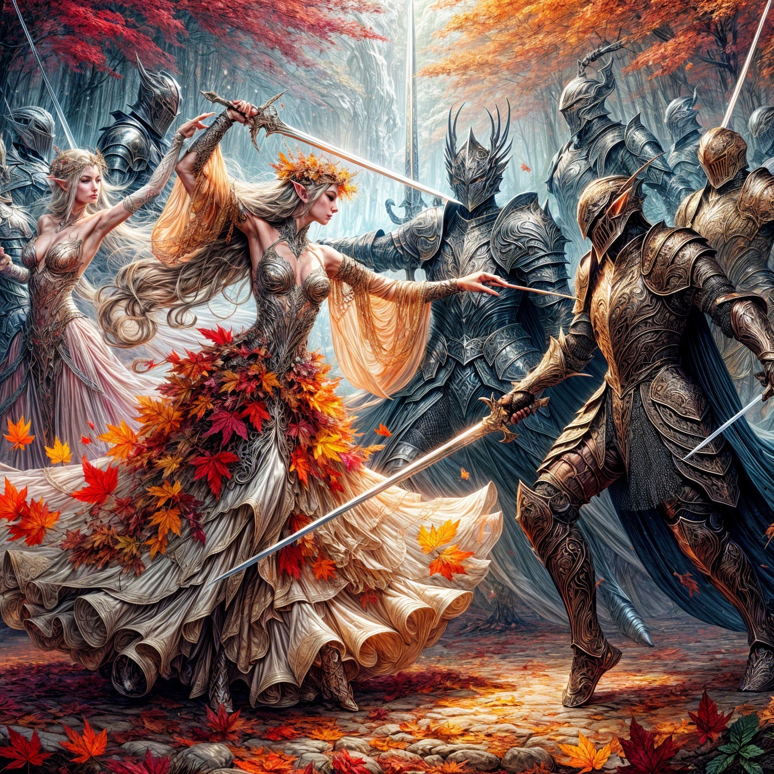Battle in a Mystical Forest with Autumn Leaves
