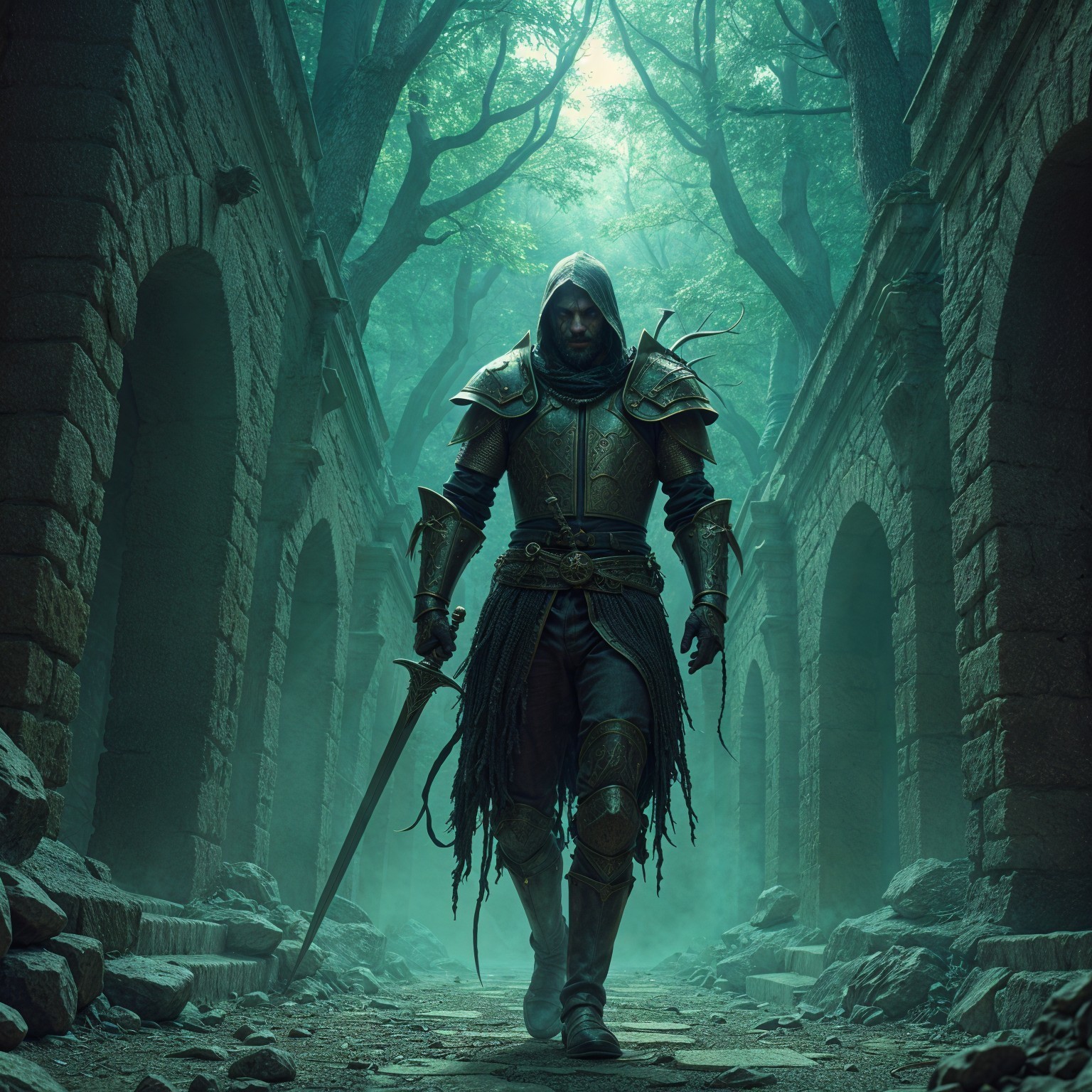 Mysterious Figure in Weathered Armor in Ancient Ruins