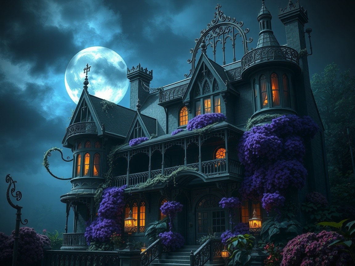 Gothic mansion under moonlight with vibrant flowers