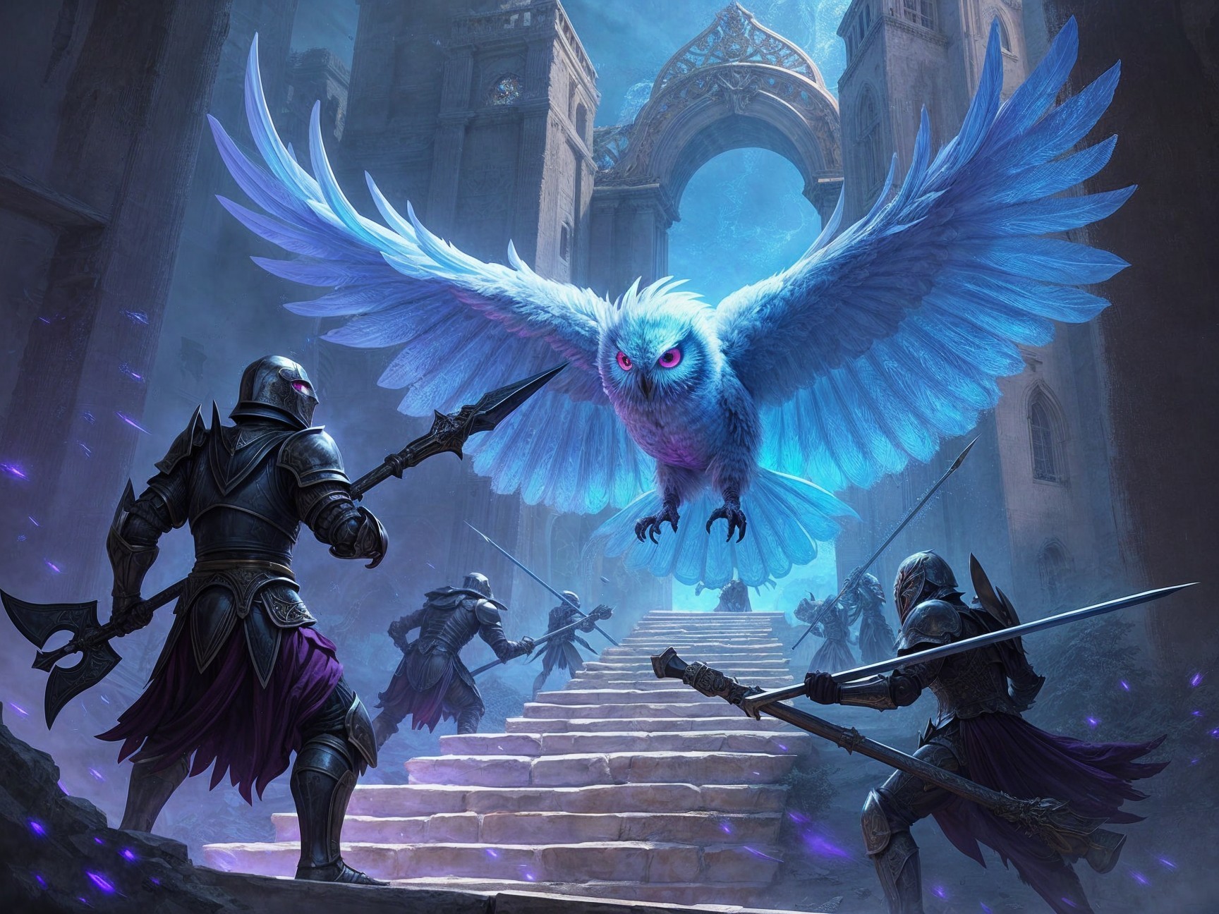 Giant Blue Owl Overlooks Armored Warriors in Battle