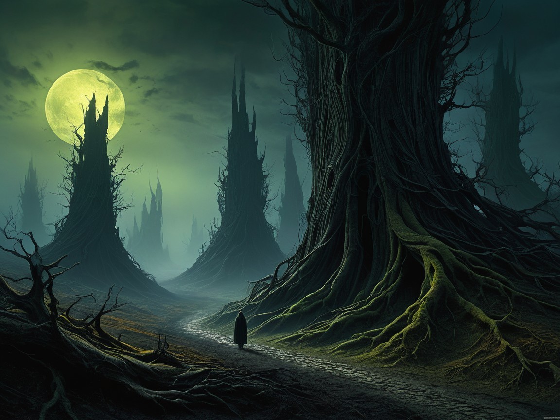 Mysterious Forest with Twisted Trees and Glowing Moon