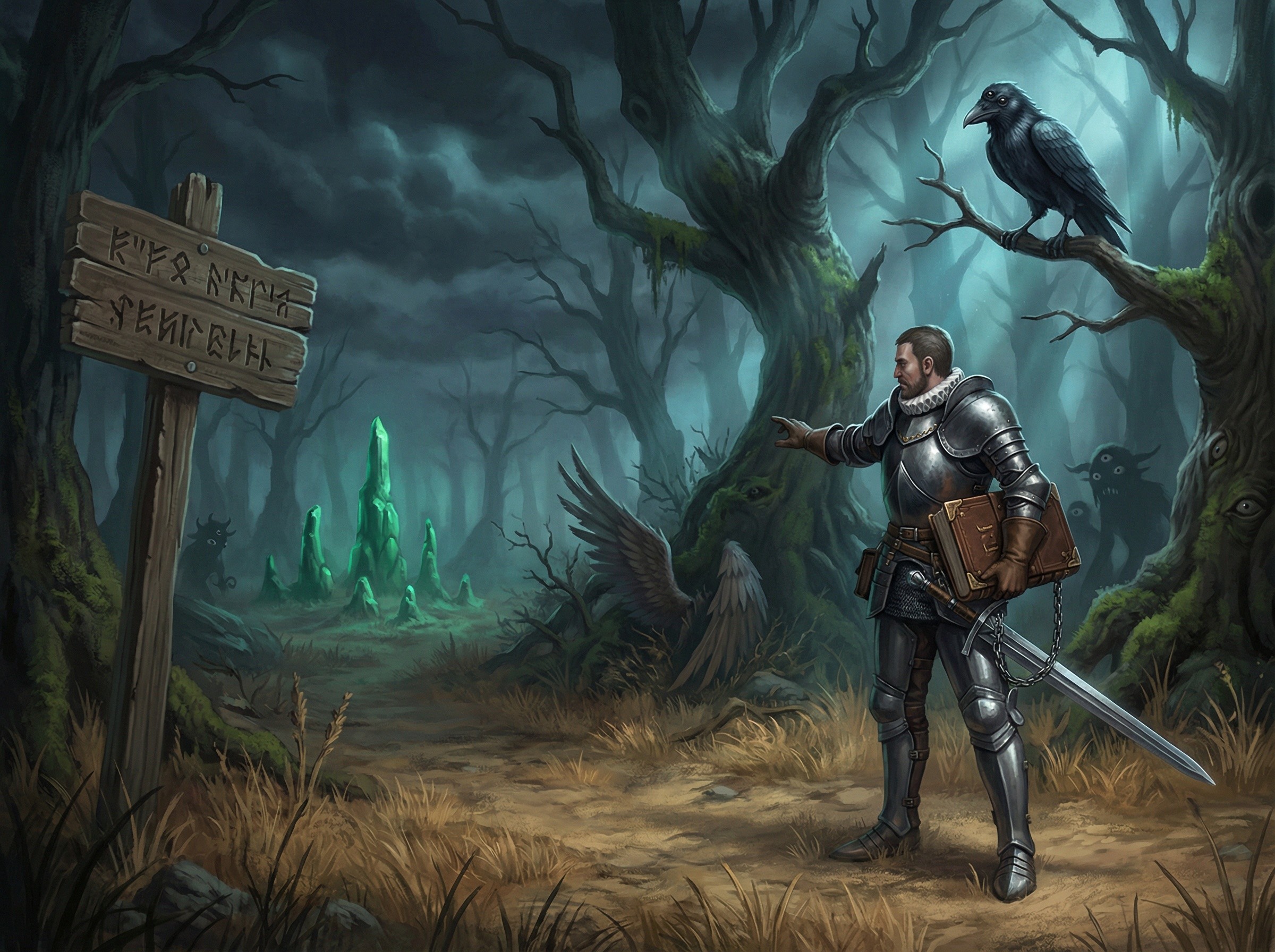 Armored Knight in Dark Forest with Crystals and Raven