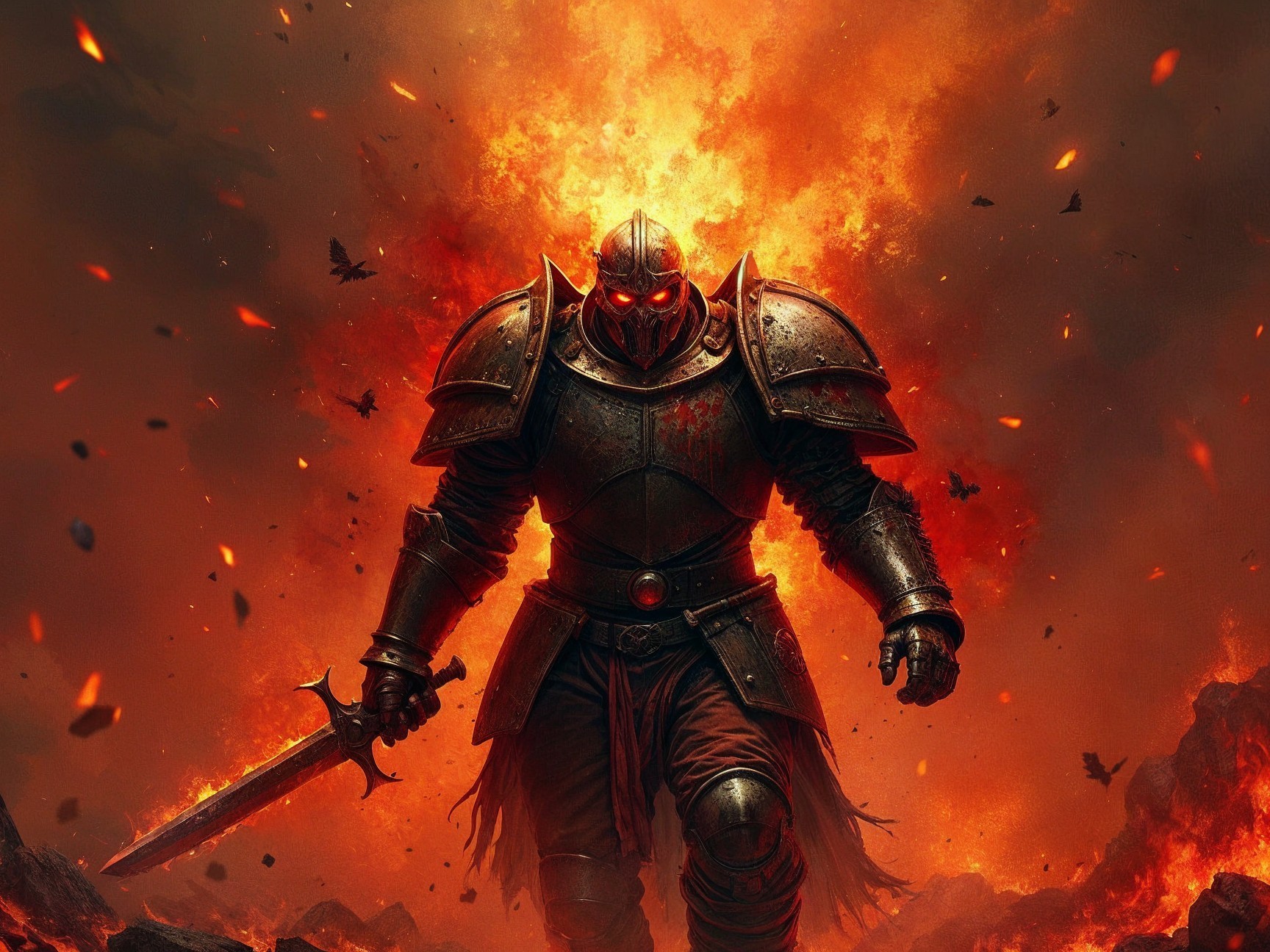 Knight in Dark Armor Surrounded by Flames and Embers