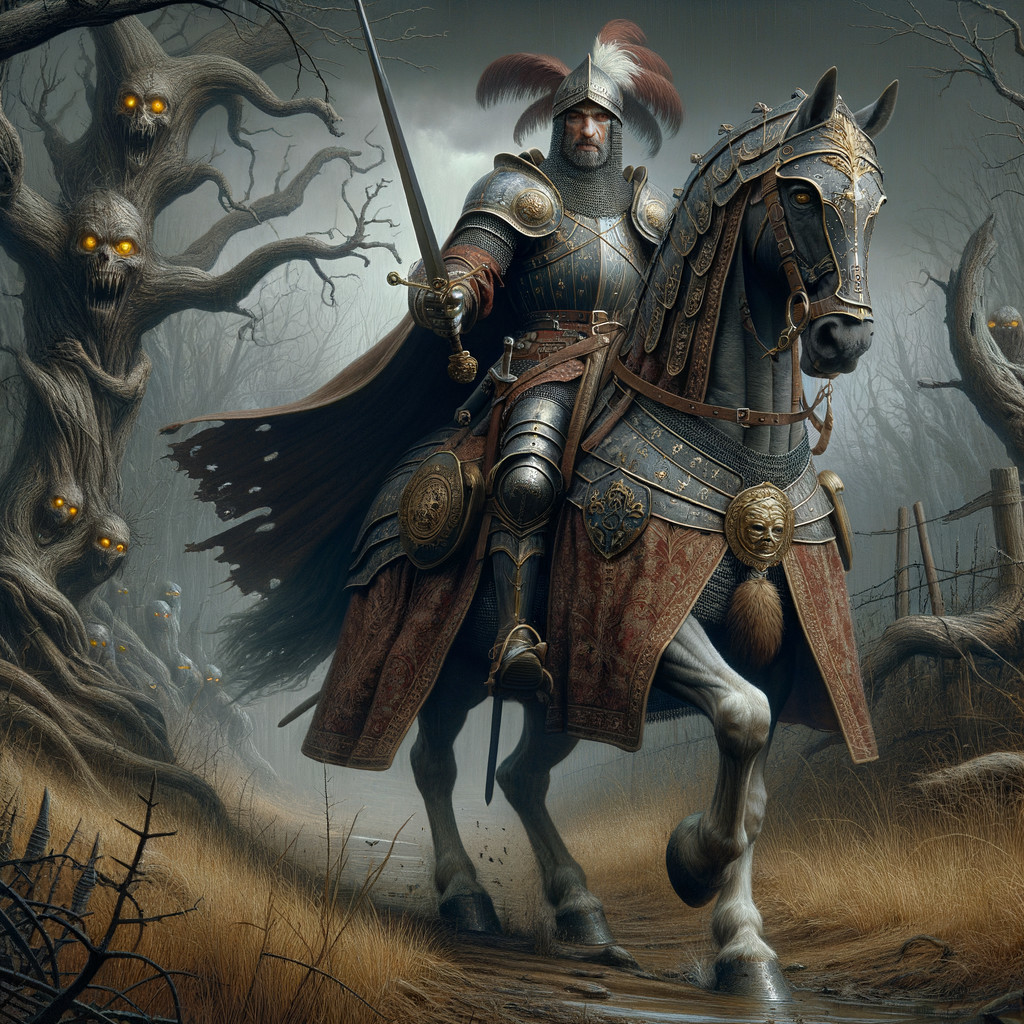 Knight in Armor Riding Through Eerie Fantasy Landscape