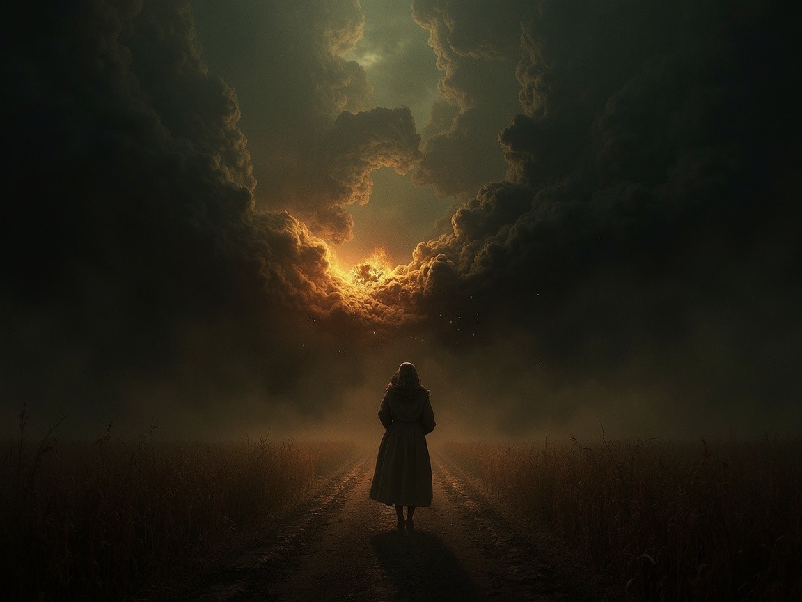 Solitary Figure on Dirt Road Under Dramatic Sky