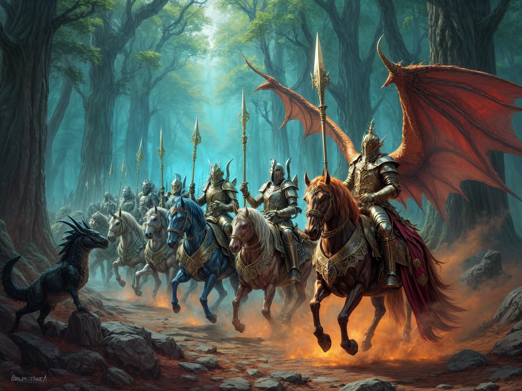 Armored Knights and Dark Creatures in a Mystical Forest
