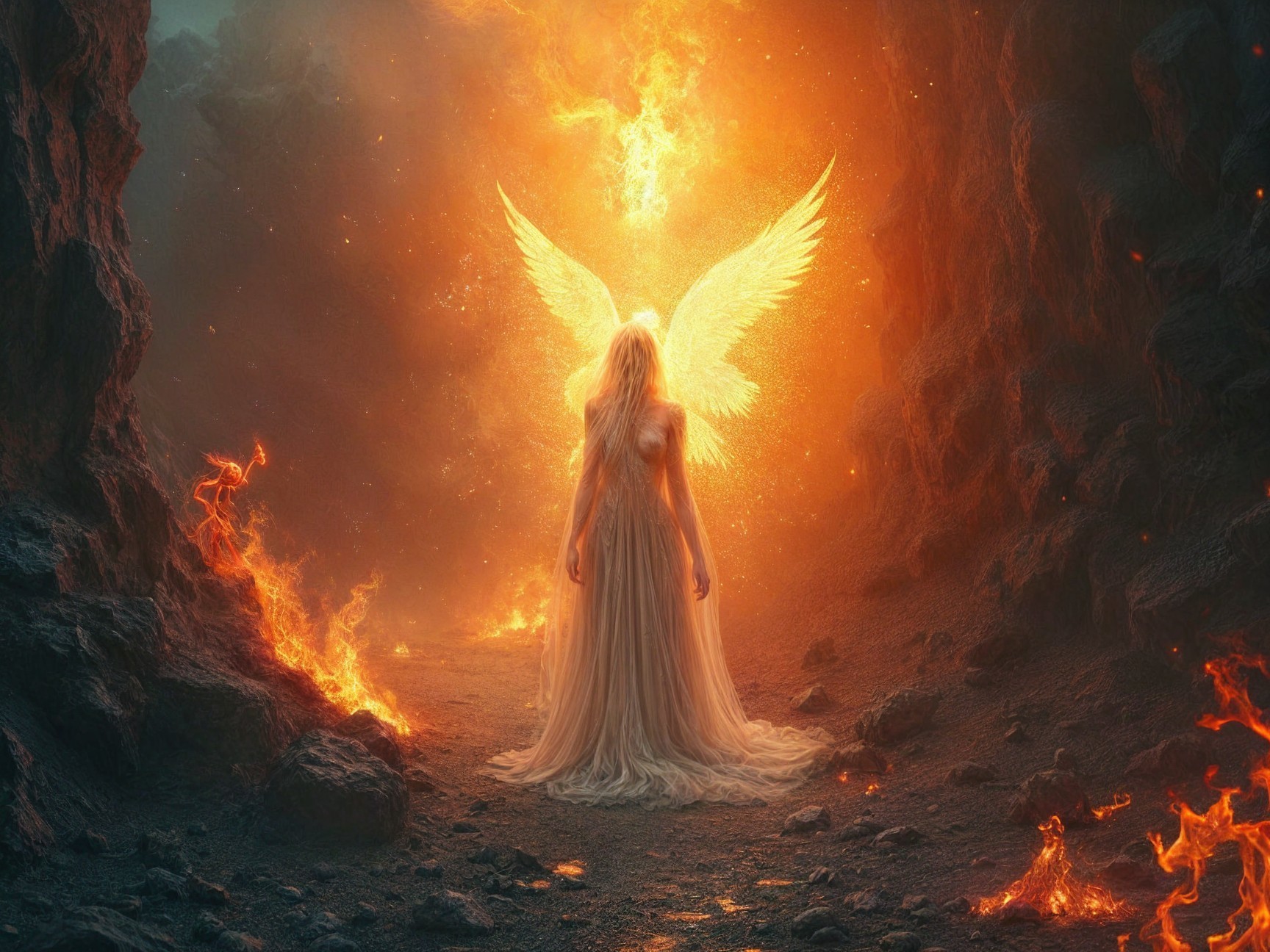 Serene Figure in Fiery Landscape with Angelic Wings