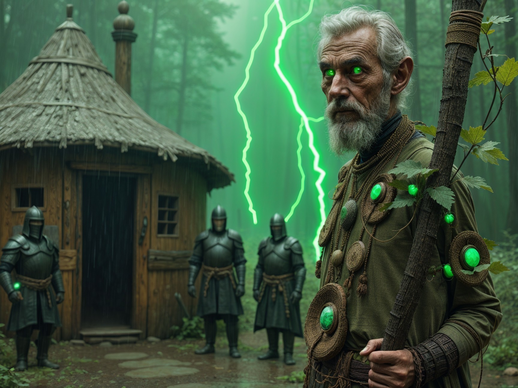 Elderly Man with Glowing Eyes in Mystical Forest Scene