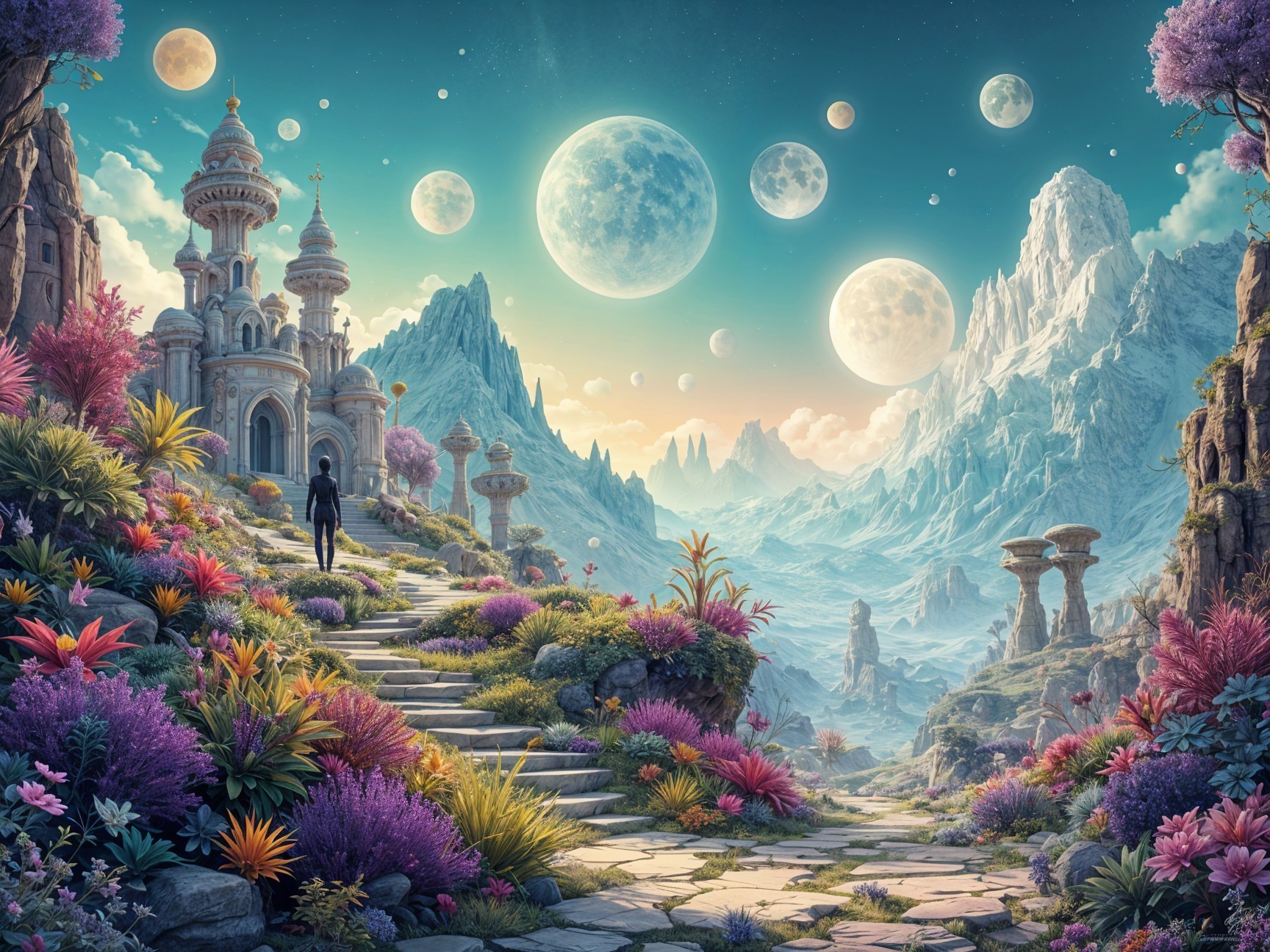 Fantastical Landscape with Winding Pathway and Towers