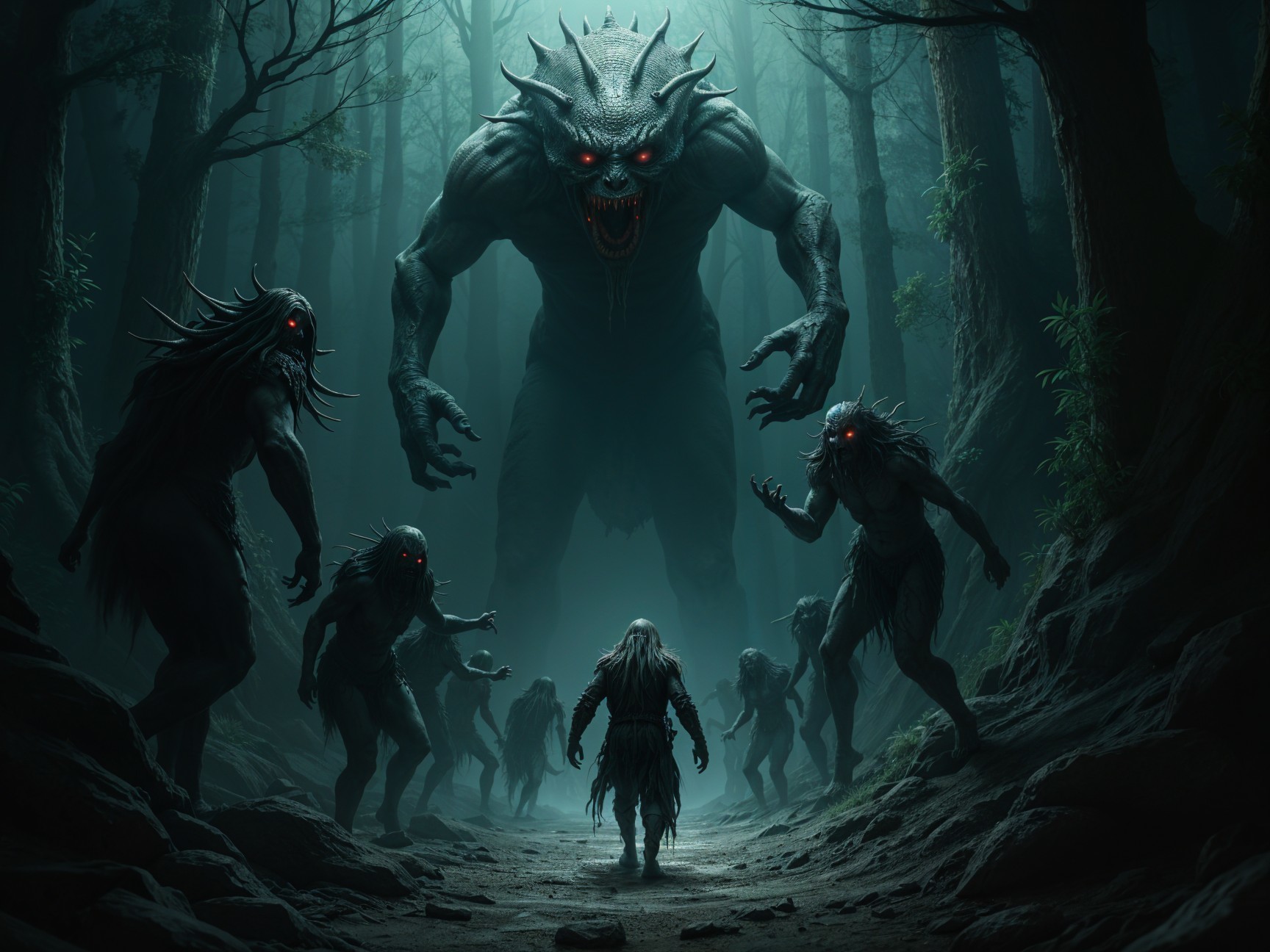 Monstrous Figure in Dark Forest with Sinister Creatures