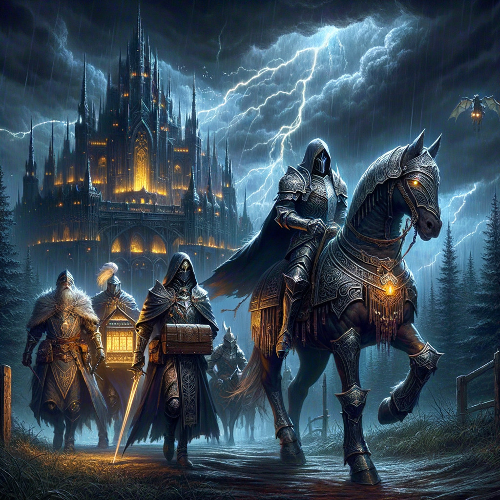 Armored Figures Marching Through Stormy Landscape