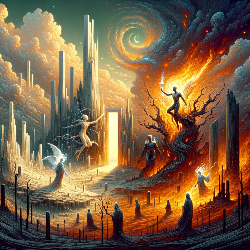 Surreal Landscape with Ethereal Figures and Crystalline Spires