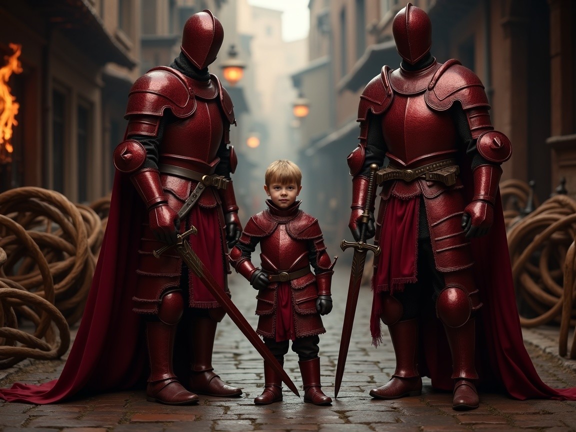 Knights and Young Boy in Medieval Cobblestone Street