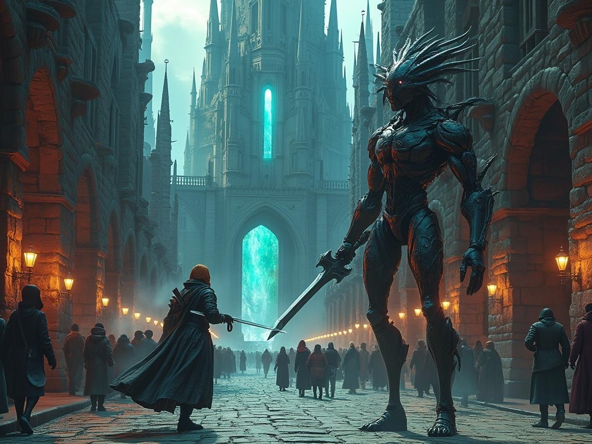 Warrior Faces Armored Creature in Mystical City Street