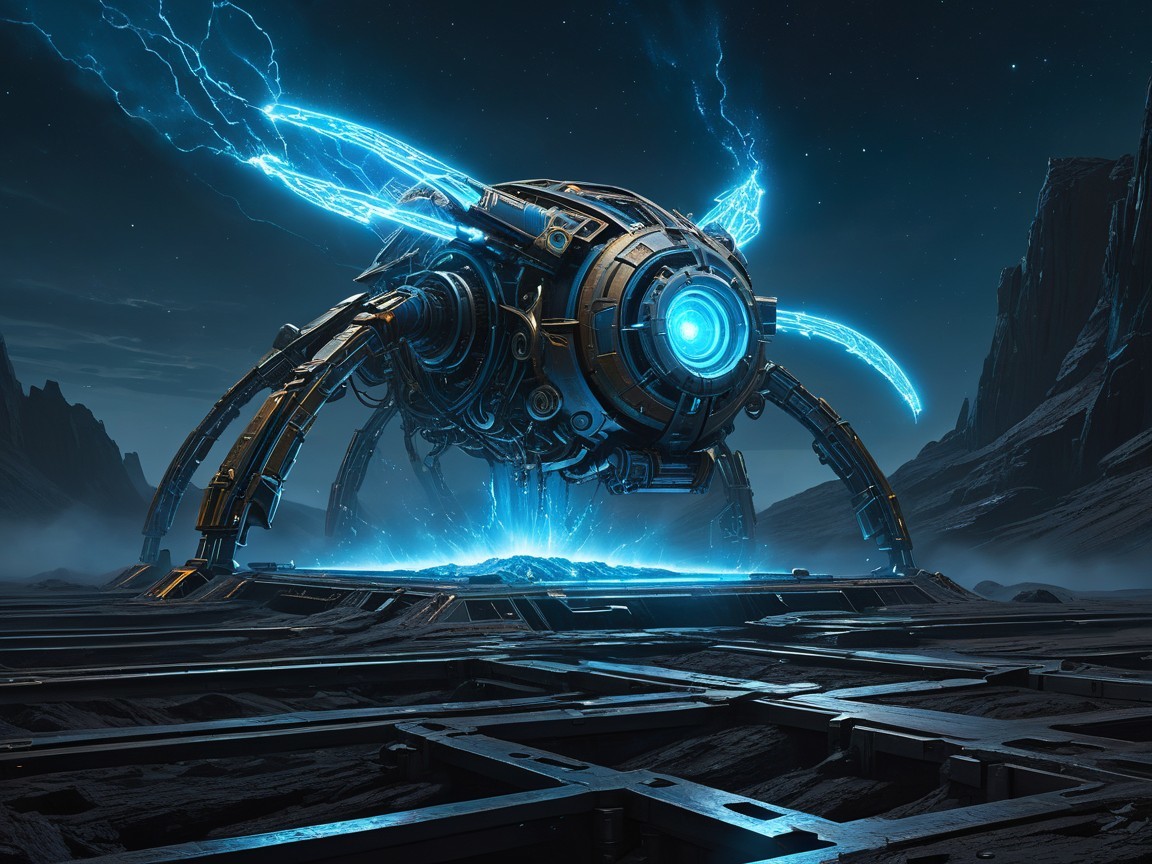 Futuristic robotic creature on dark rocky terrain