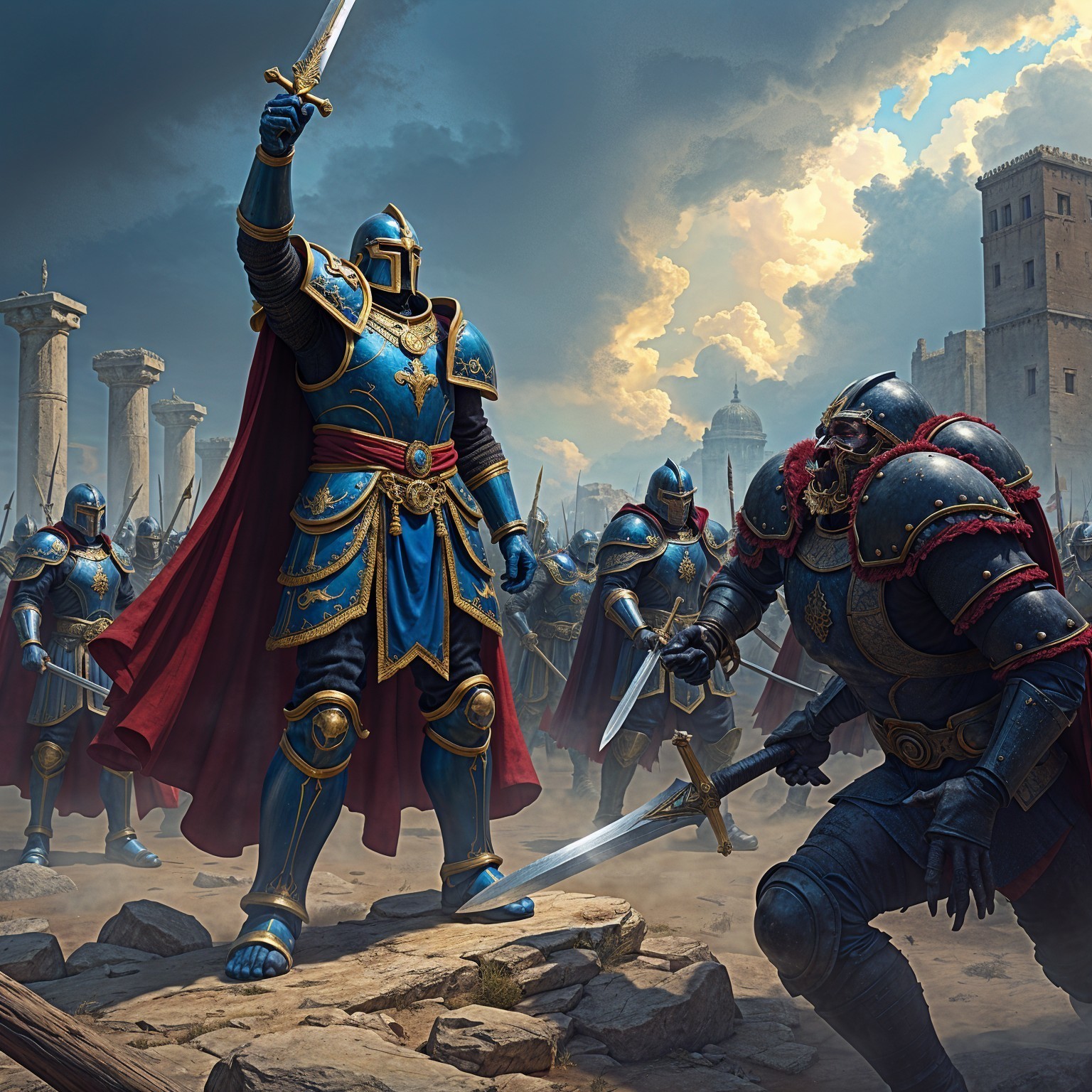 Heroic Knight in Armor Amidst Impending Battle Scene