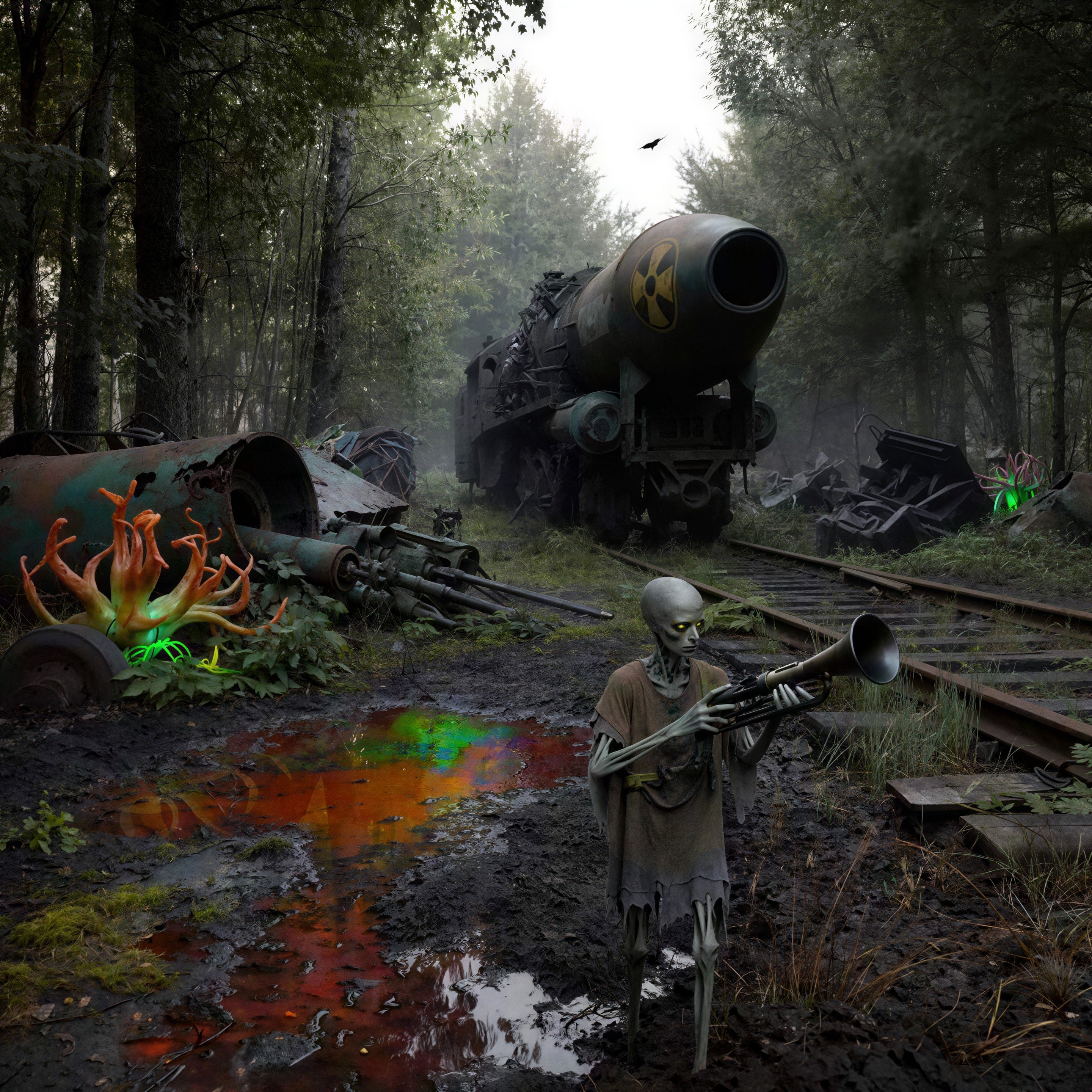 Surreal Post-Apocalyptic Scene with Alien Creature